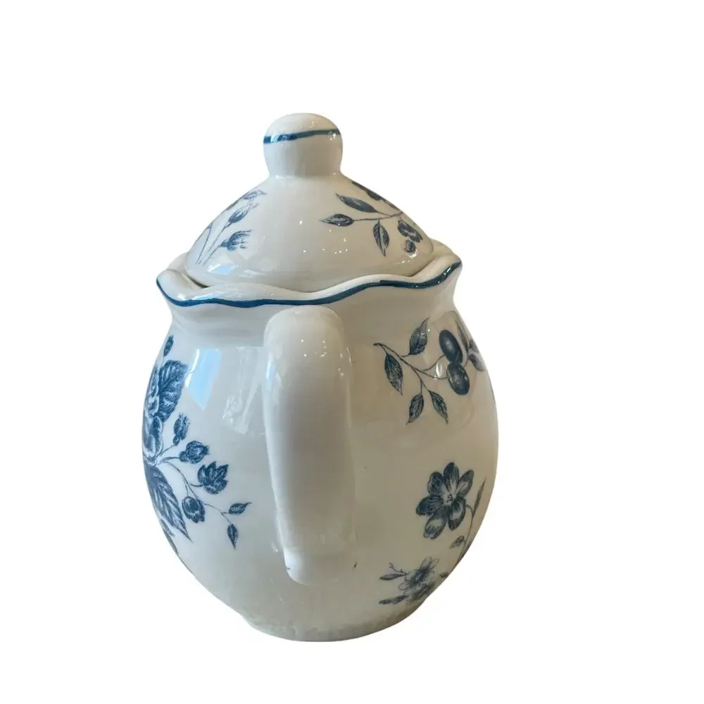 Maxcera Blue Bunny Rabbit Toile Creamer & Sugar Bowl With Lid Easter Ceramic New